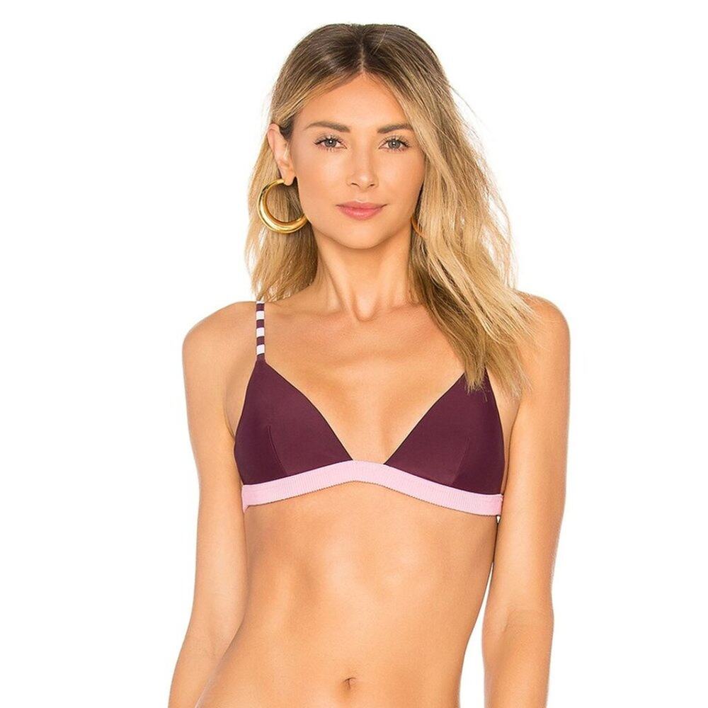 Rye Swimwear XOXO Bikini Top Merlot Stripe Triangle 2 Tone Purple Wine M EUC